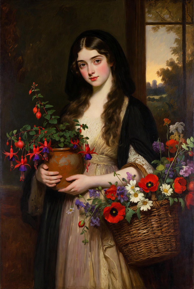 Classical oil portrait of a flower girl, in the old-master tradition